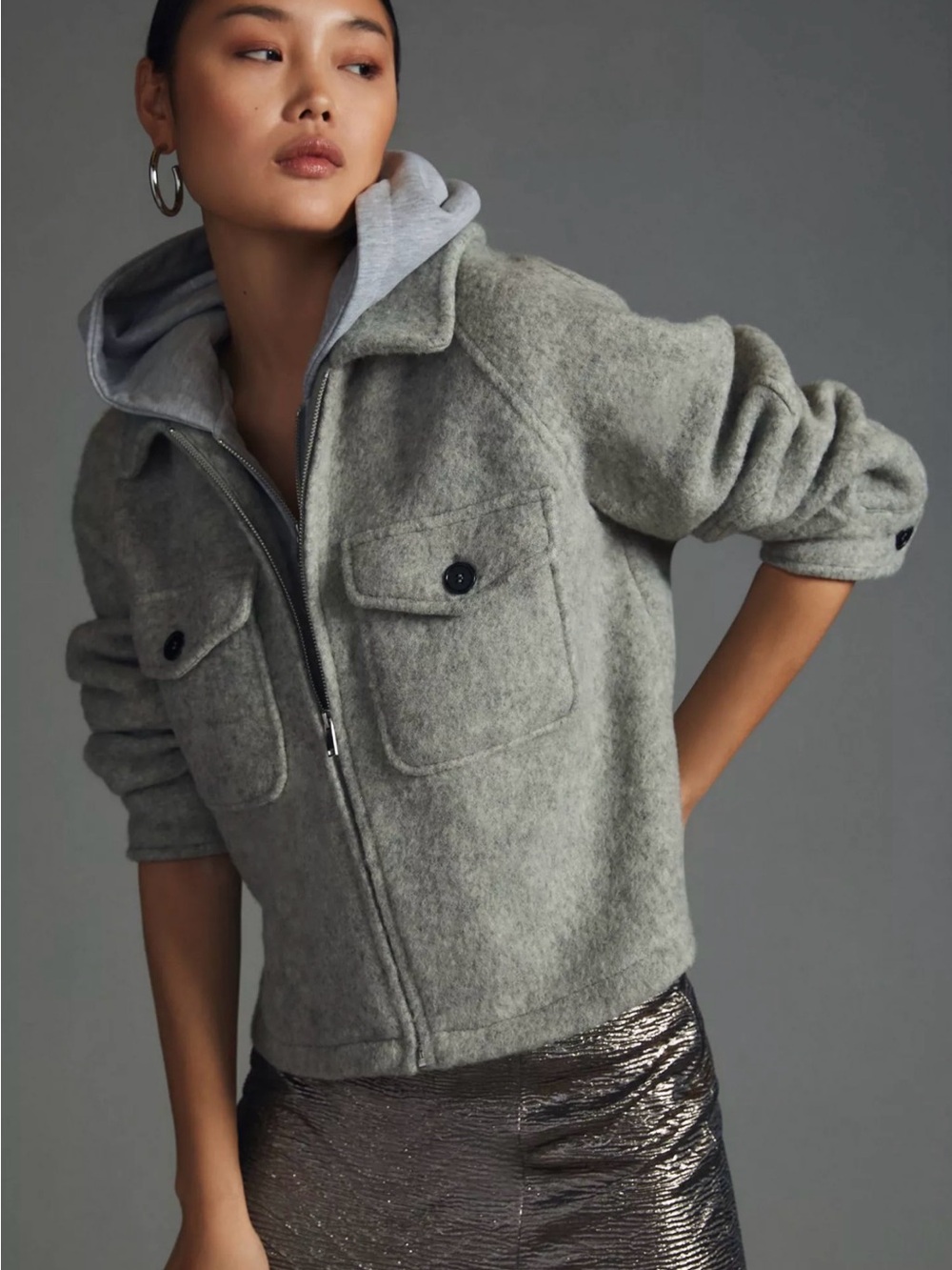 Anthropologie Gray Wool-Blend Utility Jacket with Flap Pockets